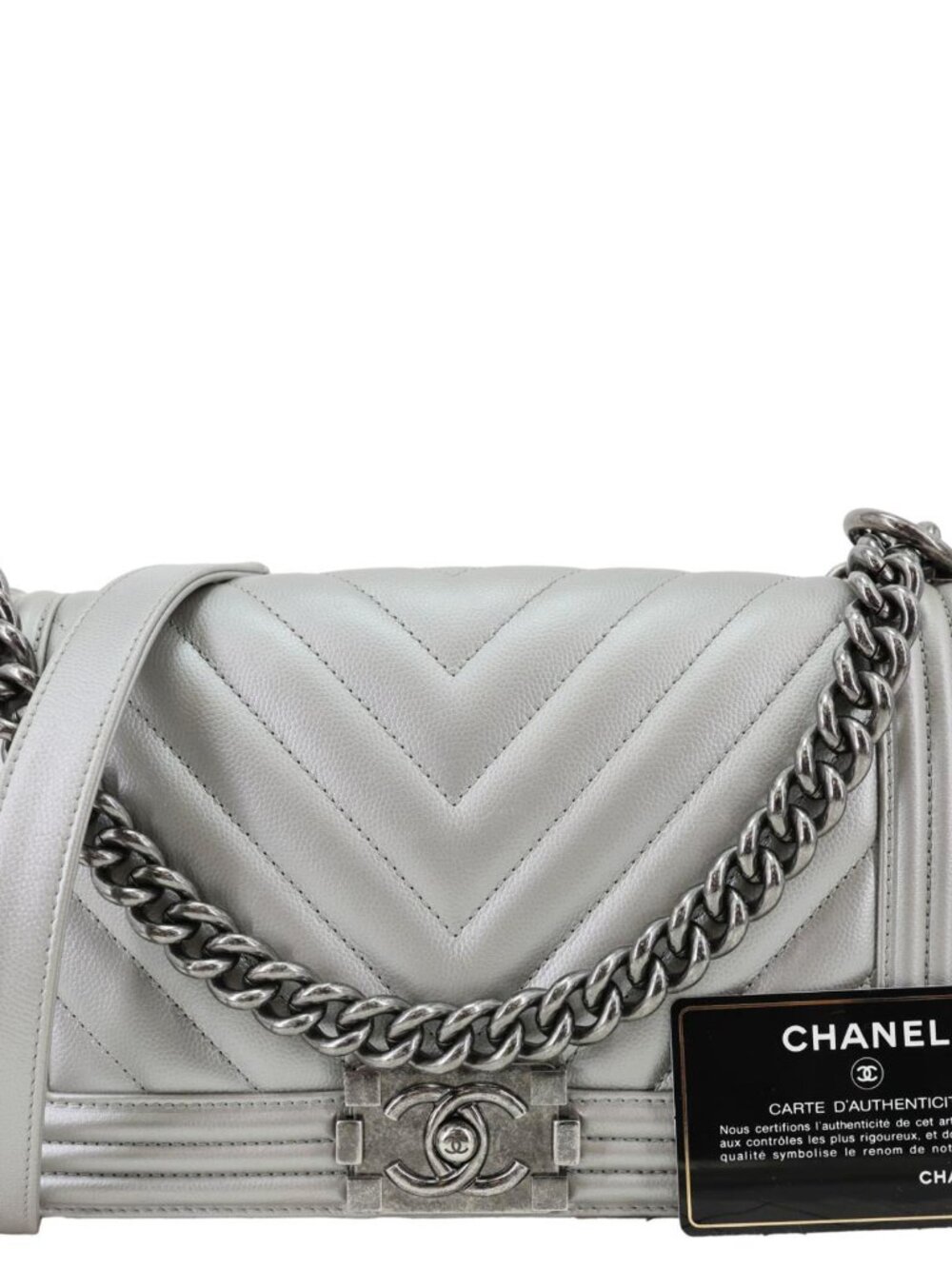 Chanel Boy Flap Medium Chevron Quilted Metallic Caviar Leather Crossbody Bag Si